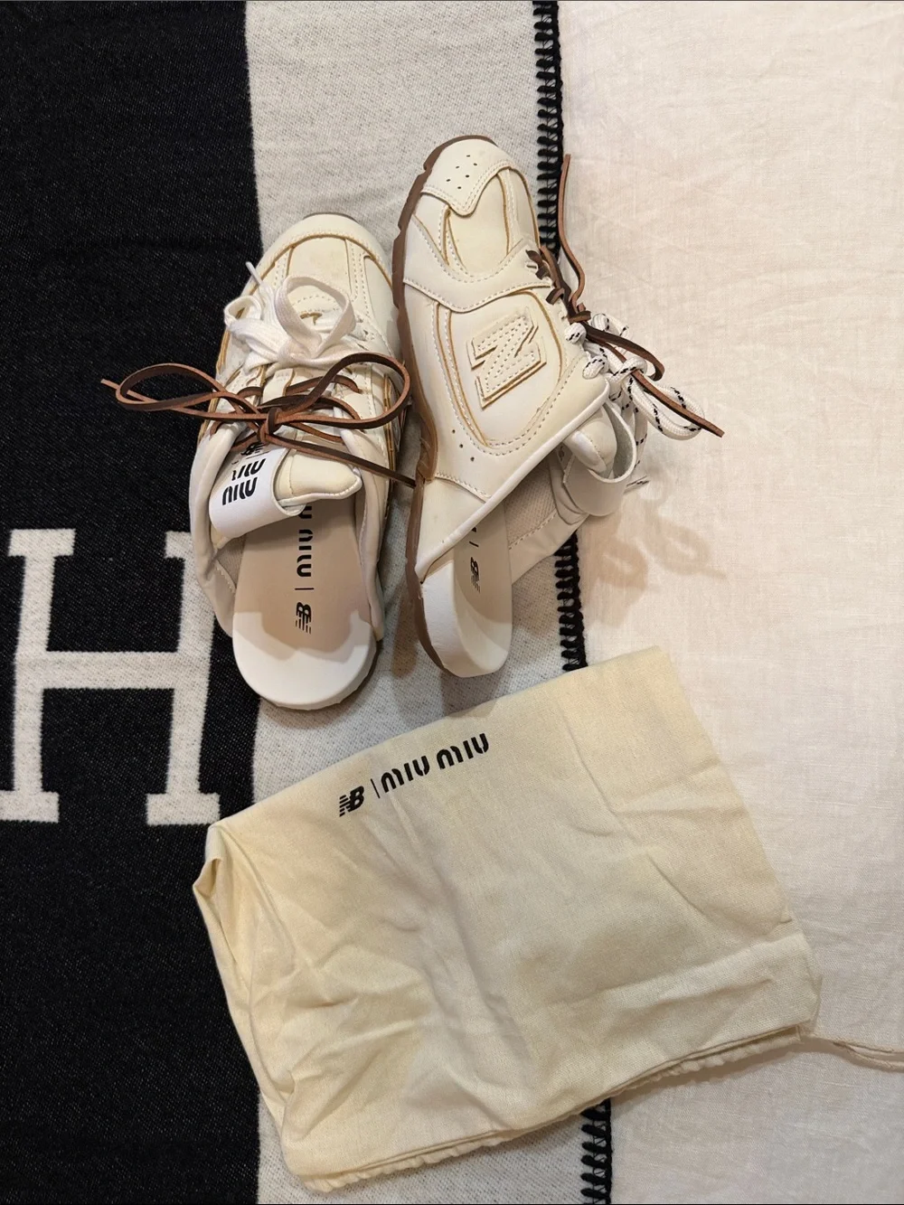 Miu Miu Off-White Leather Lace-Up Sneakers with Brown Accents